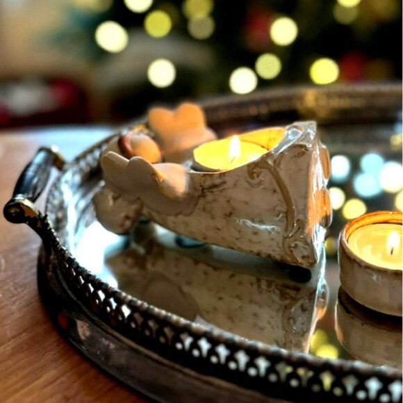 VTG Ceramic XMAS Tea Light Holder Santa & Angel Figurines Neutral esthetic beige - Picture 11 of 11